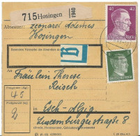 BULLETIN DE COLIS POSTAL 1943 AVEC ETIQUETTE DE HOSINGEN - 1940-1944 German Occupation