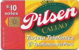 Delcampe - Peru - Telefónica - Beer Pilsen Callao, Gem1B Not Symm. White-Gold, 10Sol, 03.1998, 100.000ex, Used - Peru
