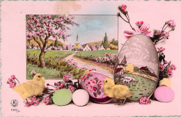 Pâques - Oeufs Colorés Et Poussins - Carte Rose - Carte Postale Ancienne - Pascua