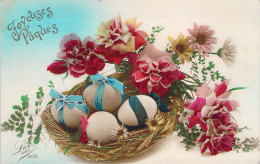 Pâques - Nid Avec Des Oeufs Et Rubans - Fleurs - Carte Postale Ancienne - Easter