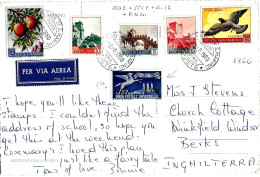 SAN MARINO - 1960 Cartolina Viaggiata Per L'Inghilterra Con 6 Francobolli (frutta, Vedute, Uccelli, UPU £.100) - 17256 - Storia Postale