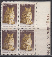 Block Of 4 With Tab, Leopard Cat, Animal, India MNH 2000, 9th Definitive Series, As Scan - Blocchi & Foglietti