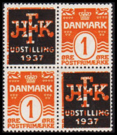 1937. DANMARK. 4-BLOCK 1 ØRE Overprinted HFK UDSTILLING 1937. One Pair Hinged And One Pair Nev... (Michel 77) - JF531008 - Neufs