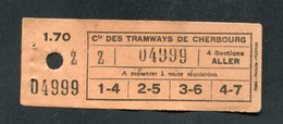 Ticket De Tramway Début XXe "Compagnie Des Tramways De Cherbourg" Manche - Normandie - Billet De Tram - Europe