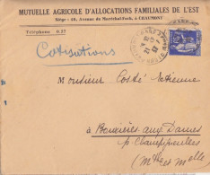 Lettre "Mutuelle Agricole" Obl. Chaumont Gare Les 21/12/37 (tarif Du 12/7/37) Sur N° 365 65c Paix + Avis D'échéance - 1932-39 Paix