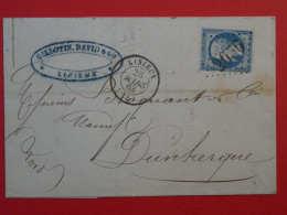 AR 27 FRANCE BELLE LETTRE 1863 LISIEUX  A DUNKERQUE + N° 22 VARIETé  +AFFRANC.  INTERESSANT - 1862 Napoléon III