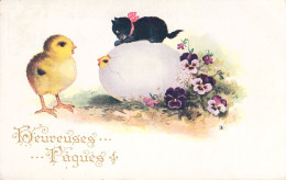 Pâques - Eclosion D'un Oeuf - Poussin Et Chaton Noir - Carte Postale Ancienne - Pasen