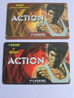 ZWITSERLAND  CH 5 ,- + CH 10,- PREPAID  2X CARD  LYCATEL/ BRUCE LEE    FINE USED CARD **13015** - Suisse