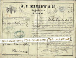 1866  LETTRE DE VOITURE ROULAGE TRANSPORT Meukow Silésie à Cognac Pour Curcier Adet  Bordeaux FUTS EAU De VIE - 1900 – 1949