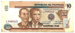 PHILIPPINES   10 Piso  1999  Petite Lettre Manuscrite, #187e  Joseph ESTRADA & SINGSON  Circulé TB+ - Filipinas