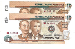 PHILIPPINES   10 Piso  2000  Petite Lettre Manuscrite, #187f  Joseph ESTRADA & Buenaventura,  Paire De 2 Billets NEUFS - Philippines