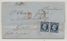 MARCOPHILIE FRANCE LAC 1856 Paris 20c EMPIRE NAPOLEON III Non Dentelé YT 14 X 2 Cachet PD Pour La SUISSE Canton Genève - 1853-1860 Napoleon III