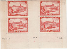 SARRE-N°326 NEUFS SANS CHARNIERE   BLOC DE 4 COIN DATE10/3/54 - Ungebraucht