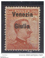 VENEZIA  GIULIA - OCCUPAZ. AUSTRIACA:  1918/19  VARIETA'  SOPRASTAMPA   IN  ALTO  -  20 C. ARANCIO  N. -  SASS. 23 E A - Venezia Giulia