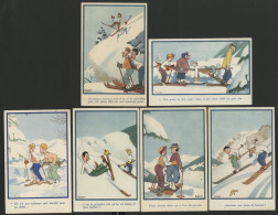 A. LELLY 6 Cartes Humoristiques Sur Le Ski En Couleur Dont 5 Neuves Voir Description - Other & Unclassified