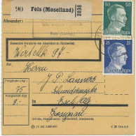 BULLETIN DE COLIS POSTAL 1944 AVEC ETIQUETTE DE FELS (MOSELLAND) - 1940-1944 Ocupación Alemana