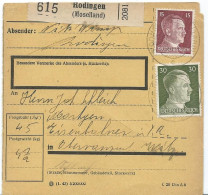 BULLETIN DE COLIS POSTAL 1943 AVEC ETIQUETTE DE RODINGEN (MOSELLAND) - 1940-1944 Occupazione Tedesca