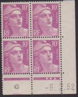 FRANCE N° 811* TYPE MARIANNE DE GANDON COIN DATE 6/2/52 - Andere & Zonder Classificatie