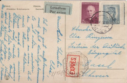 1948 - TCHECOSLOVAQUIE - CACHET TELEGRAPHE SUISSE ! Sur CP EXPRES ! Par AVION De PISEK => BASEL - Marcofilia