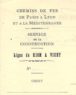 1911  CHEMINS DE FER De Paris à Lyon Et à La Méditerranée P.L.M Construction Ligne De Riom à Vichy =>Vairet Baudot Musée - 1900 – 1949