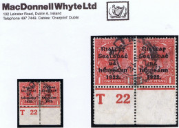 Ireland 1922 Thom Rialtas 5-line Overprint In Blue-black On 1d, Control T22 Perf, Pair Used Cds DUBLIN 21 NO 22 - Used Stamps