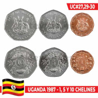 C1540.2# Uganda 1987. Lote 3 Monedas. 1, 5 Y 10 Sh (UNC) UC#27,29-30 - Ouganda