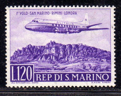 REPUBBLICA DI SAN MARINO 1959 POSTA AEREA AEREA AIR MAIL PRIMO 1° VOLO SM RIMINI LONDRA 1TH FIRST FLIGHT LIRE 120 MNH - Poste Aérienne