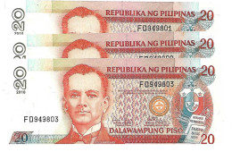 PHILIPPINES  20 PISO #182K   2010 Sign; AQUINO TETANGO  Seal 5,  Lot De 3 En Série NEUFS - Philippines