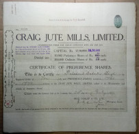 INDIA 1933 CRAIG JUTE MILLS LIMITED, JUTE INDUSTRY....SHARE CERTIFICATE - Industrie