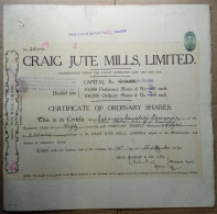 INDIA 1940 CRAIG JUTE MILLS LIMITED, JUTE INDUSTRY....SHARE CERTIFICATE - Industrie