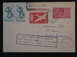 C  MADAGASCAR  BELLE CARTE ENTIER 1ER VOL  RR 1947   TANANARIVE A ST DENIS LA REUNION +++AFFRANC.PLAISANT++ - Poste Aérienne