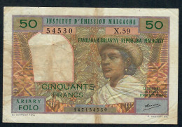 MADAGASCAR P61b 50 FRANCS 1969 RAREST SIGNATURE 4  #X.59   FINE  Only 2 P.h - Madagaskar