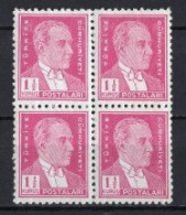 1941 TURKEY 1 1/2 K. ATATURK POSTAGE STAMP BLOCK OF 4 MNH ** - Unused Stamps
