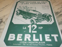 ANCIENNE PUBLICITE  AU PRIX D UNE VOITURETTE AUTOMOBILE BERLIET  1922 - Voitures