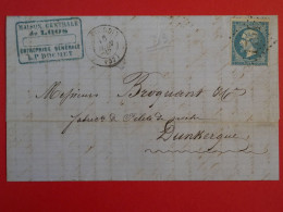 BQ2  FRANCE BELLE LETTRE 1867 DUNKERQUE  +N° 22 VARIETé +  + AFFRANC.PLAISANT+ - 1862 Napoléon III