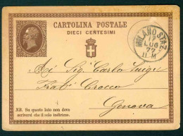 CLZ107 - STORIA POSTALE CARTOLINA POSTALE DIECI CENTESIMI 1877 MILANO GENOVA VITTORIO EMANUELE II - INTERO POSTALE - Entero Postal