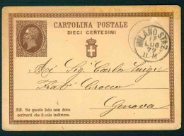 CLZ107 - STORIA POSTALE CARTOLINA POSTALE DIECI CENTESIMI 1877 MILANO GENOVA VITTORIO EMANUELE II - INTERO POSTALE - Interi Postali