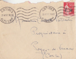 Lettre Obl. Krag Antibes Le 25 V 37 (tarif 21/4/30) Sur N° F.M. 7 50c Paix Pour Poggio Divenaco - 1932-39 Paix