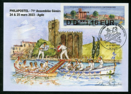 FRANCE (2023) Carte Maximum Card ATM LISA Assemblée Générale Philapostel Cap D'Agde - Joutes, église - 2020-…