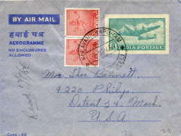 1954 INDIA KULAVANICKAPURAM UPRATED AEROGRAMME TO USA - Aerogramme