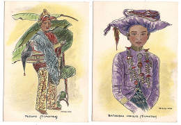 Indonesie Sumatra Bornéo 4 Cartes Dessins Rita Kleijn Fortuin Imprimeur Pontianak  1950 état Superbe - Indonésie