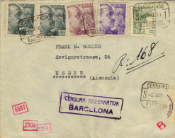 1941 BARCELONA - ESSEN , SOBRE CERTIFICADO , LLEGADA , DOBLE CENSURA - Storia Postale