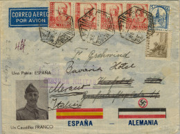 1937 SEVILLA - KREFELD , SOBRE RECIRCULADO A MERANO / BOLZANO , LLEGADA AL DORSO , CORREO AÉREO , CENSURA MILITAR - Storia Postale