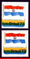 Ref. BR-1280-E BRAZIL 1973 - PERFORATION DISPLACED,*ERROR*, VISIT PRES. PARAGUAY, MNH, FLAGS 2V Sc# 1280 - Fehldrucke