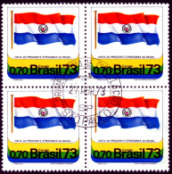 Ref. BR-1280-QC BRAZIL 1973 - VISIT OF PRES. STROESSNEROF PARAGUAY, MI# 1362, BLOCK CANCELED H, FLAGS 4V Sc# 1280 - Gebruikt