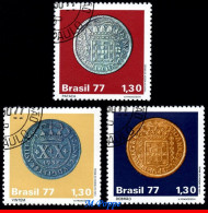 Ref. BR-1523-25-U BRAZIL 1977 - BRAZILIAN COLONIAL COINS,MI# 1615-17, SET USED NH, MONEY ON STAMPS 3V Sc# 1523-1525 - Gebruikt