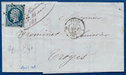 LETTRE Presidence N°10d 25c Bleu Oblitéré étoile + Dateur Avec Route  " PARIS / 3E/ 5 " Du 10 Aout 1853 Pour TROYES TTB - 1852 Luigi-Napoleone