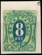 NORVÈGE / NORWAY - Braekstad Local Post TRONDHJEM (Trondheim) 8öre Green & Pale Green IMPERF. (1878 Type 8) - No Gum - Emisiones Locales