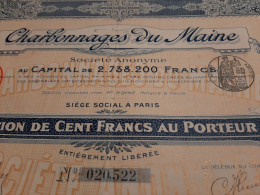 Charbonnage Du Maine - Action De Cent Francs Au Porteur - Paris Le 5 Novembre 1909. - Mines