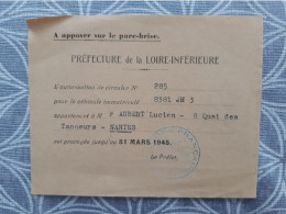 444 NANTES MILITARIA 39 45 AUSWEIS LAISSER PASSER VEHICULE CITROEN Mars 1945 Aubert Lucien - Documents